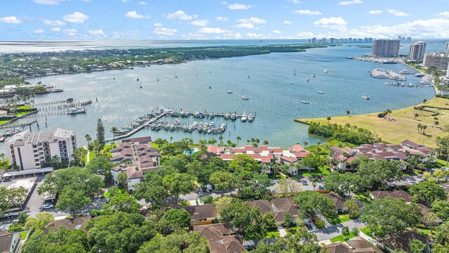 drone / aerial view featuring a water view