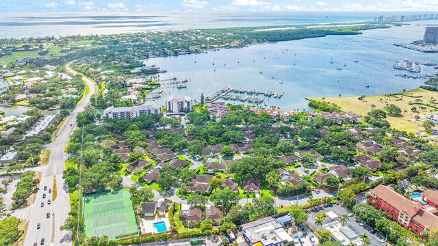 aerial view featuring a water view