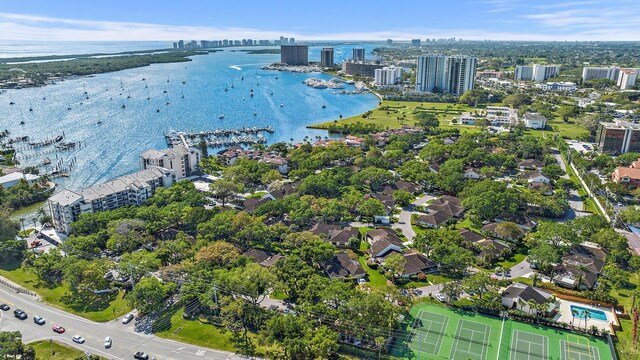 drone / aerial view featuring a water view