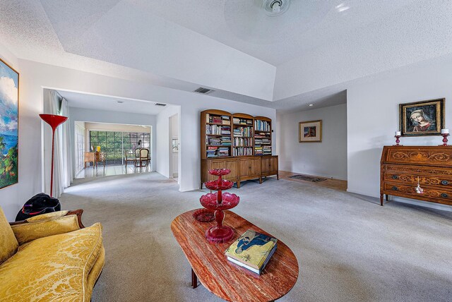 living room featuring a raised ceiling, a textured ceiling, and carpet floors