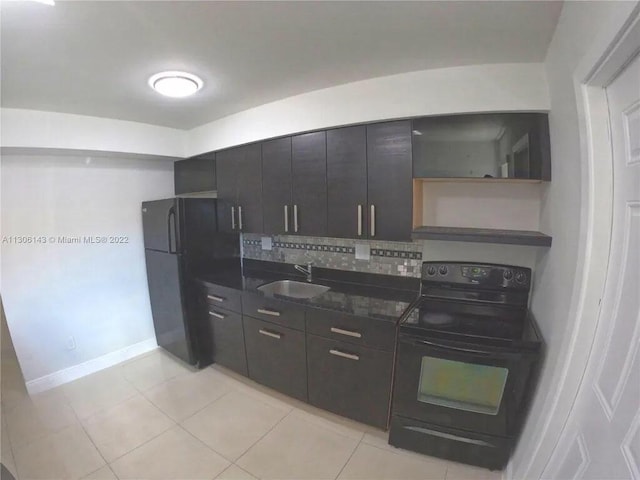 kitchen featuring open shelves, dark countertops, decorative backsplash, a sink, and black appliances