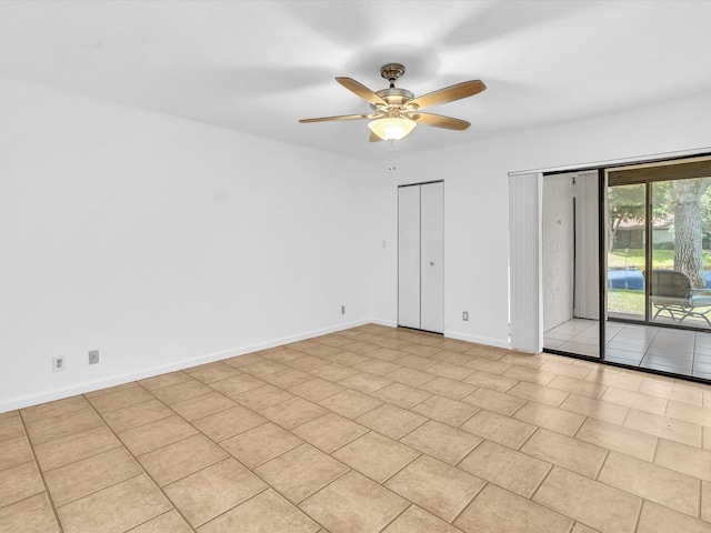 interior space featuring light tile patterned floors, ceiling fan, and access to exterior