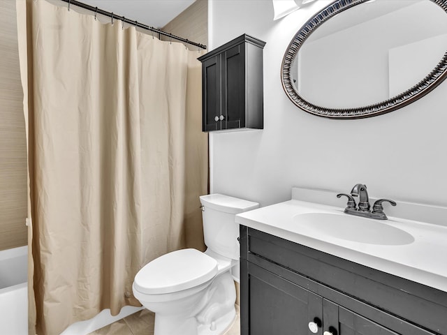 full bathroom with vanity, toilet, and shower / bathtub combination with curtain