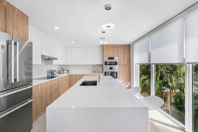 kitchen with sink, appliances with stainless steel finishes, white cabinets, and a kitchen island with sink