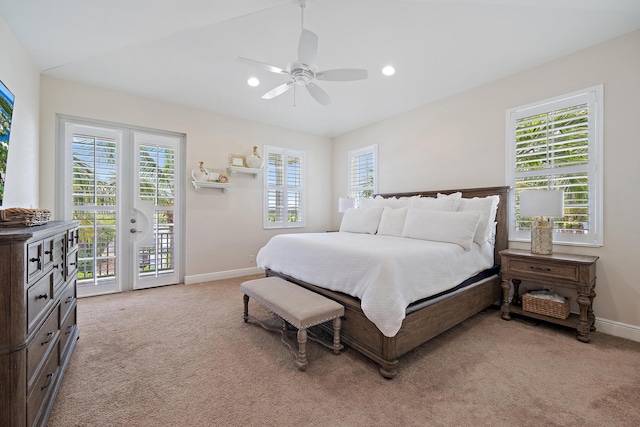 bedroom featuring ceiling fan, recessed lighting, light colored carpet, baseboards, and access to exterior