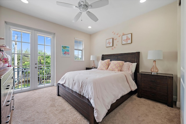 bedroom featuring french doors, recessed lighting, light colored carpet, ceiling fan, and access to outside