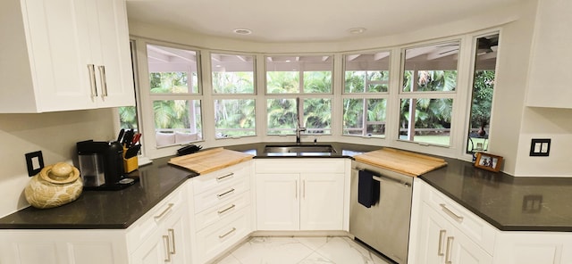 kitchen with white cabinets, dishwasher, plenty of natural light, and sink