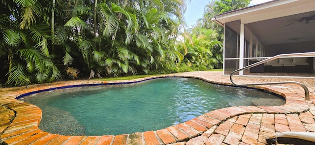 view of swimming pool featuring glass enclosure, a patio area, and ceiling fan