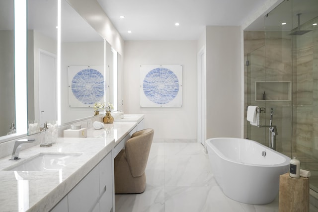 220 SE Mizner Blvd Unit 523, Boca Raton, FL 33432 - full bath with a stall shower, marble finish floors, a freestanding tub, vanity, and recessed lighting