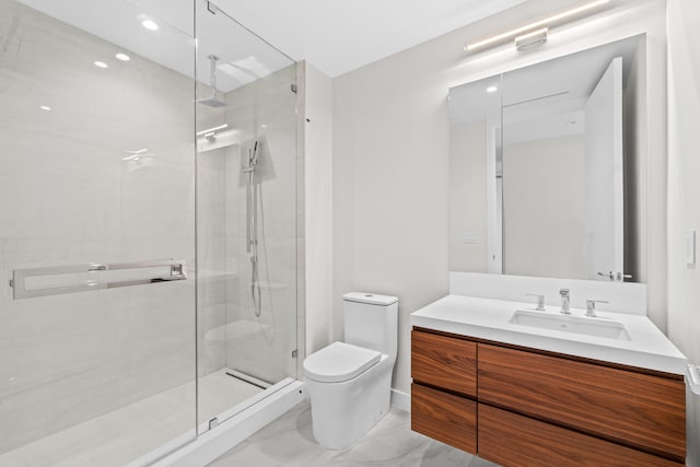 220 SE Mizner Blvd Unit 523, Boca Raton, FL 33432 - full bathroom with a shower stall, marble finish floors, toilet, vanity, and recessed lighting