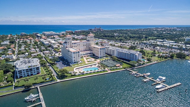 birds eye view of property featuring a water view