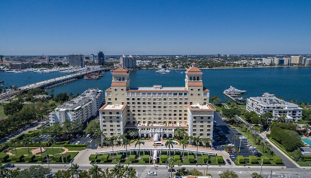 aerial view featuring a water view