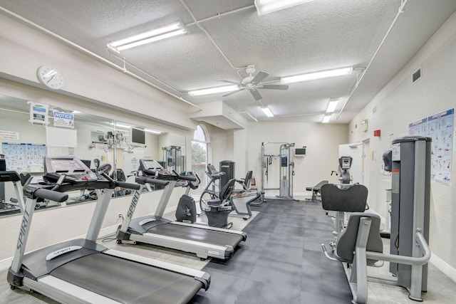 workout area featuring a textured ceiling, baseboards, visible vents, and a ceiling fan