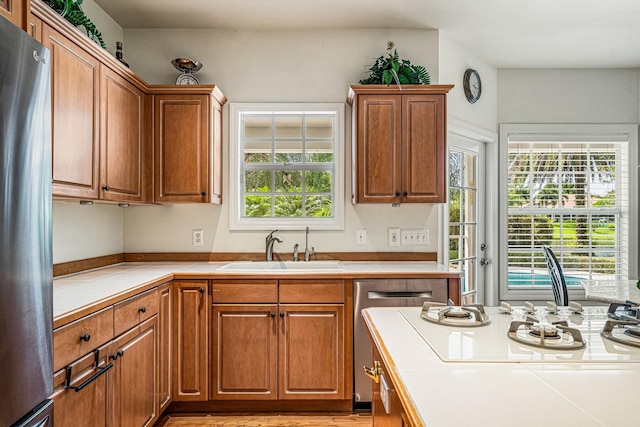 kitchen with stainless steel appliances, light wood-type flooring, and sink