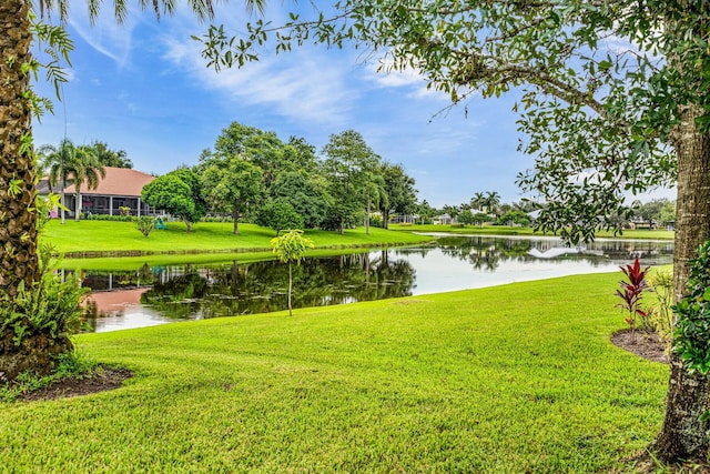 view of home's community with a lawn and a water view