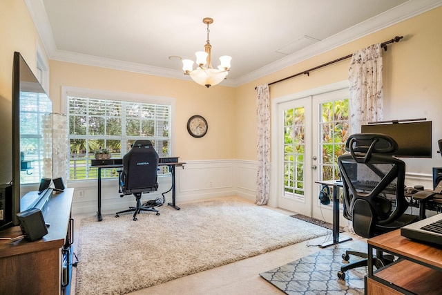 office area featuring crown molding, carpet flooring, an inviting chandelier, and french doors