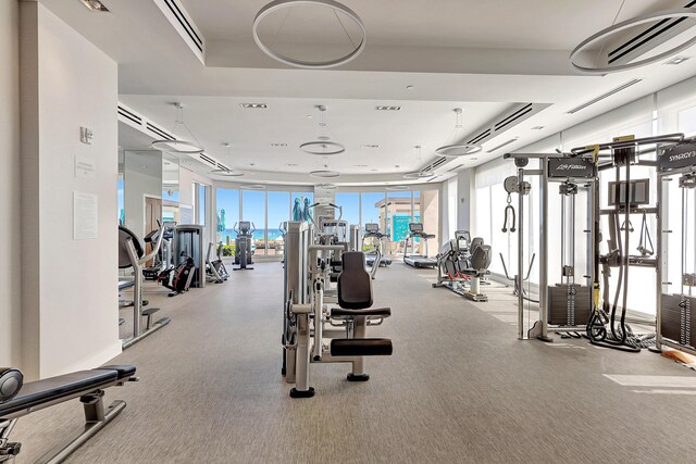 exercise room with a wall of windows, light carpet, and a tray ceiling