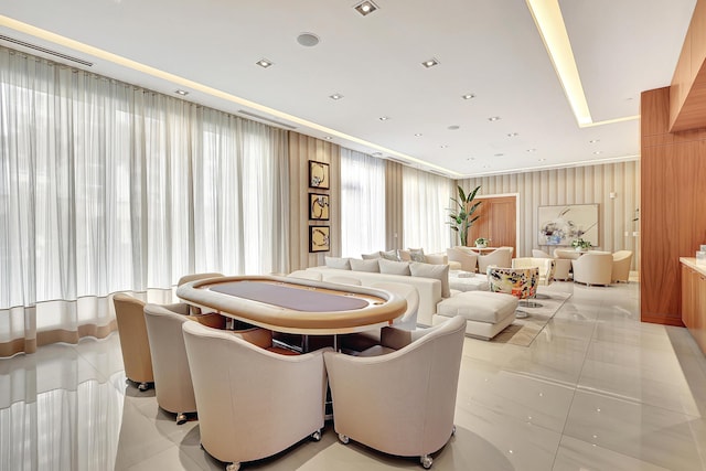 dining area with recessed lighting and light tile patterned flooring