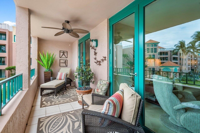 balcony featuring ceiling fan