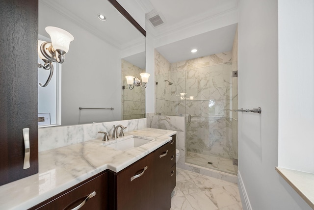 bathroom with a shower with shower door, toilet, crown molding, and vanity