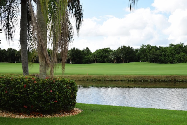 surrounding community featuring a lawn and a water view