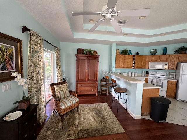 interior space featuring dark wood-type flooring, ceiling fan, a raised ceiling, and a textured ceiling