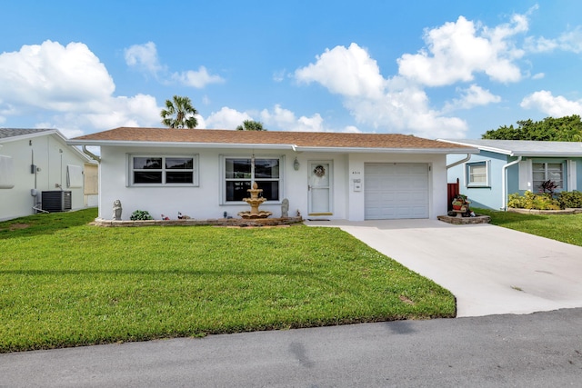 single story home with a garage, central AC unit, and a front lawn