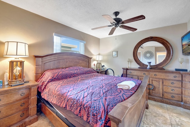 bedroom featuring a textured ceiling and ceiling fan