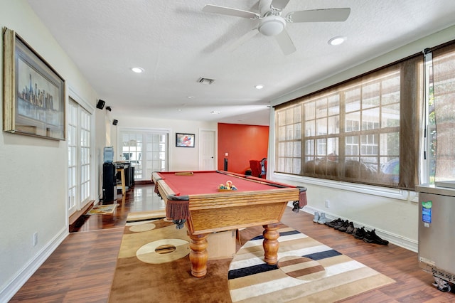 recreation room featuring french doors, ceiling fan, pool table, and hardwood / wood-style flooring