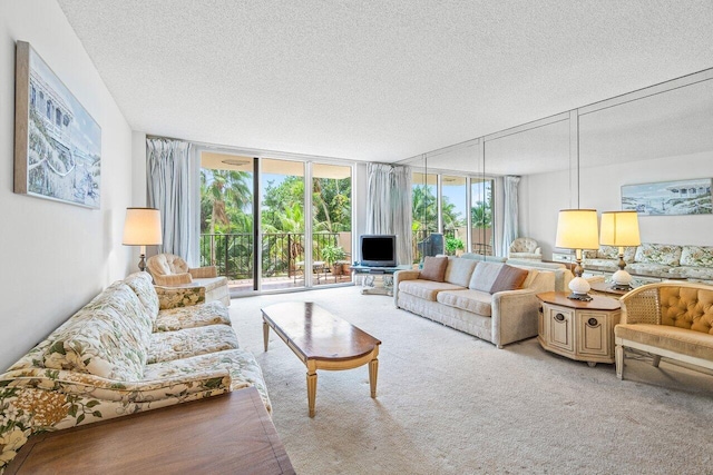 carpeted living room with expansive windows and a textured ceiling