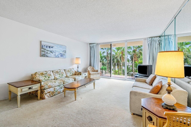 carpeted living room with a textured ceiling and floor to ceiling windows