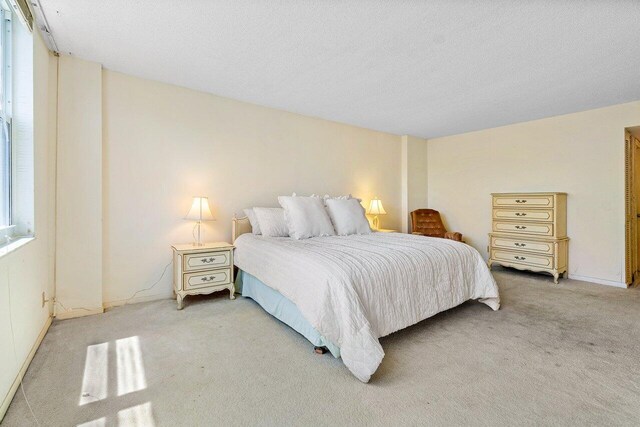 carpeted bedroom with a textured ceiling