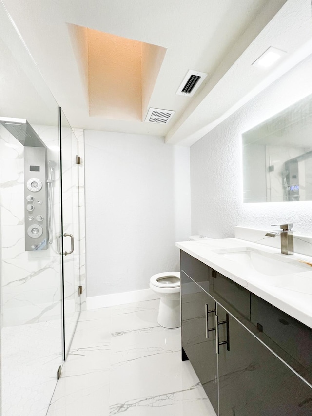 bathroom with vanity, toilet, and walk in shower