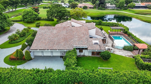 drone / aerial view featuring a water view