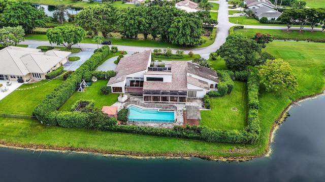 drone / aerial view featuring a water view