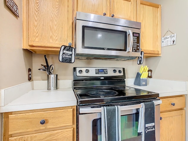 kitchen featuring stainless steel appliances and light brown cabinets