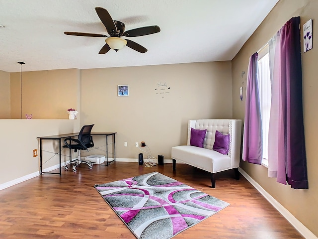 living area featuring hardwood / wood-style floors, ceiling fan, and a wealth of natural light