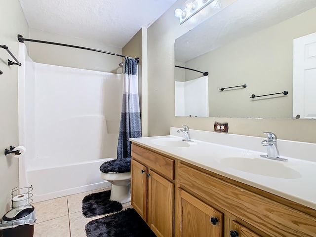 full bathroom with vanity, tile patterned flooring, a textured ceiling, shower / bathtub combination with curtain, and toilet