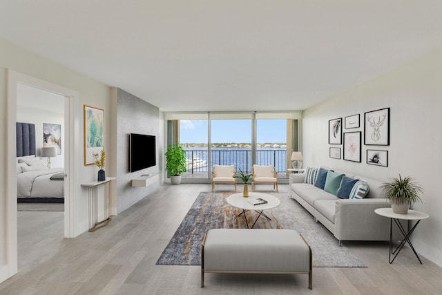 living room featuring expansive windows and light hardwood / wood-style flooring