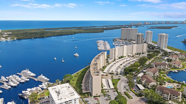 bird's eye view with a water view