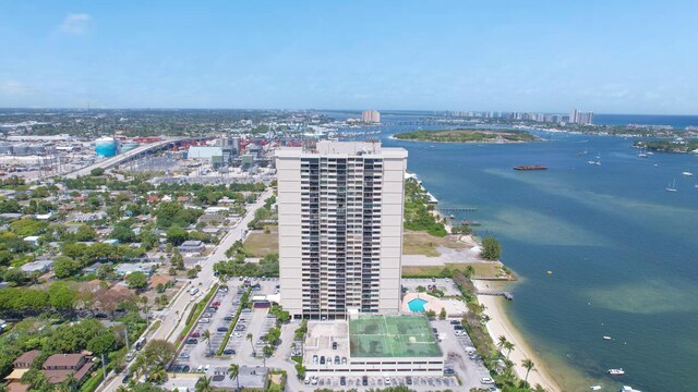 aerial view featuring a water view