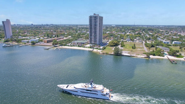 bird's eye view with a water view