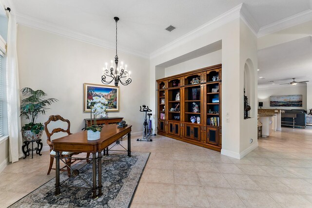 tiled office with ceiling fan with notable chandelier and ornamental molding