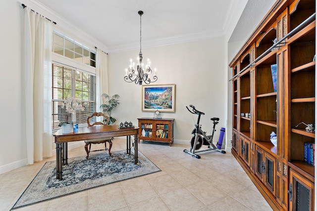 tiled office featuring an inviting chandelier and crown molding