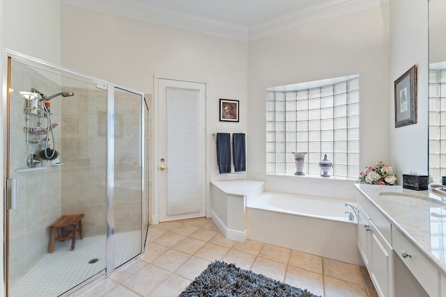 bathroom with shower with separate bathtub, tile patterned floors, vanity, and crown molding