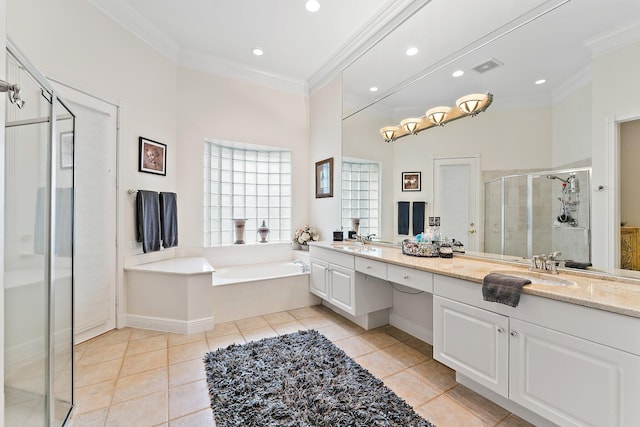 bathroom featuring shower with separate bathtub, tile patterned floors, vanity, and crown molding