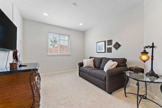 carpeted living room featuring a textured ceiling