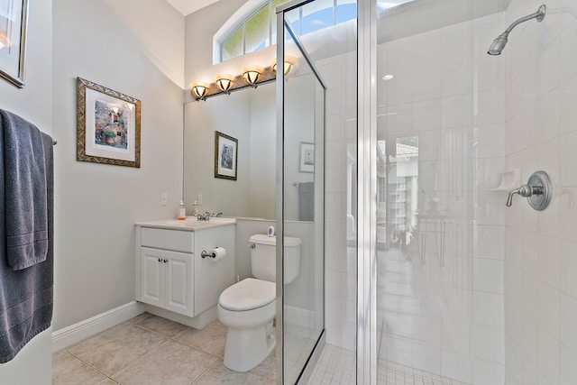 bathroom with tile patterned flooring, an enclosed shower, vanity, and toilet