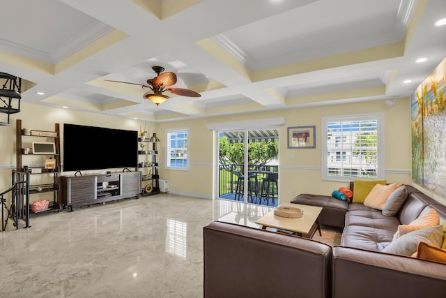 living room featuring ceiling fan, crown molding, and coffered ceiling