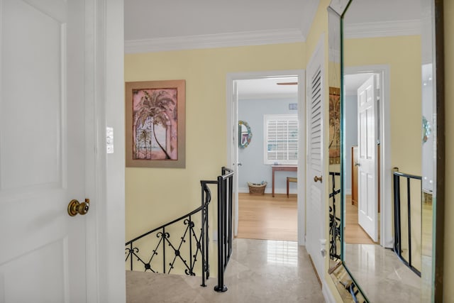 hallway with light wood-type flooring and crown molding